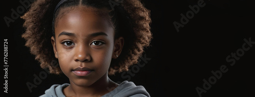 10-12 Years African American Juvenile Girl, Isolated On A Black Background With Copy Space photo