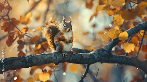 A curious squirrel perched on a tree branch, with a vibrant autumnal forest as a blurred backdrop