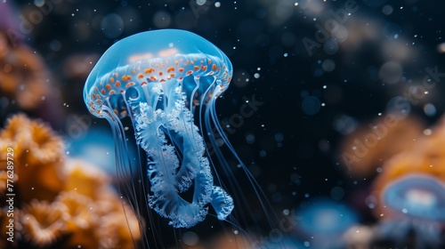  A tight shot of a jellyfish hovering above corals and various marine life in the water