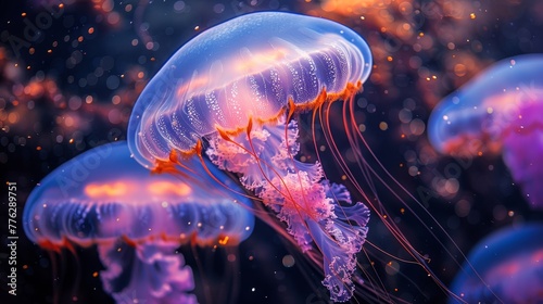   A group of jellyfish float in the water, their backs displaying orange and pink flecks on their leg-like appendages © Nadia
