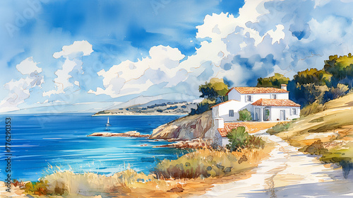 watercolor drawing of the Mediterranean coast and a white traditional house on a hil