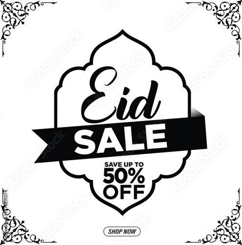 "Eid Sale" save up to 50% off vector illustration with Islamic border design on a white background. Eid special sale design. Sale Banner Or Poster design for the Eid Festival.
