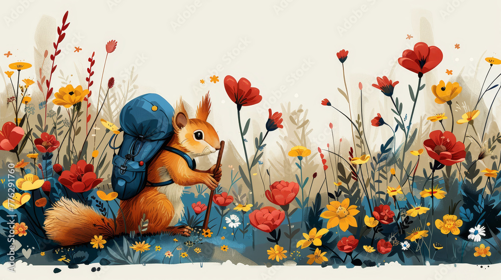   A squirrel, carrying a backpack, in a field of wildflowers and poppies