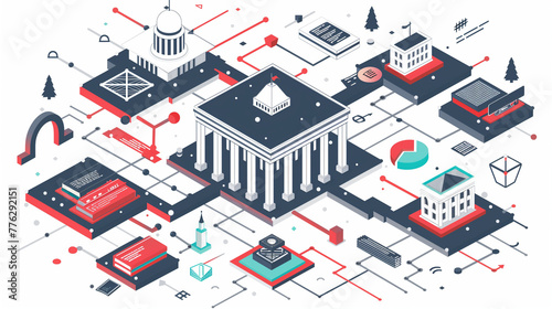Isometric Government Buildings, Red and Black Geometric Design, Urban Planning Concept