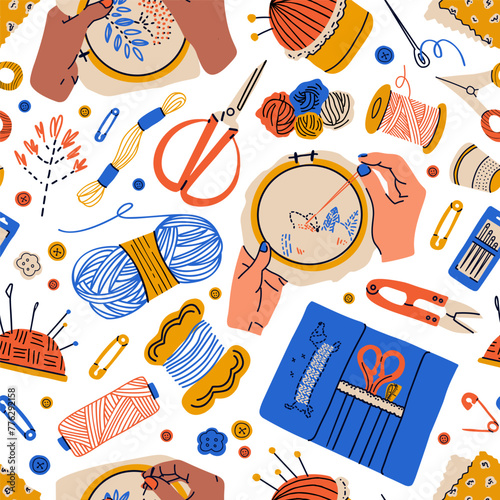 Seamless pattern with different sewing and embroidery tools on white background. Endless repeating texture with craft items for printing. Colored flat vector illustration of printable backdrop