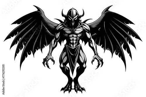 A black and white humanlike cthulhu (which is a fiction character based on the book "call of cthulhu" written by lovecraft), full body and with large wings