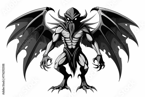 A black and white humanlike cthulhu (which is a fiction character based on the book "call of cthulhu" written by lovecraft), full body and with large wings