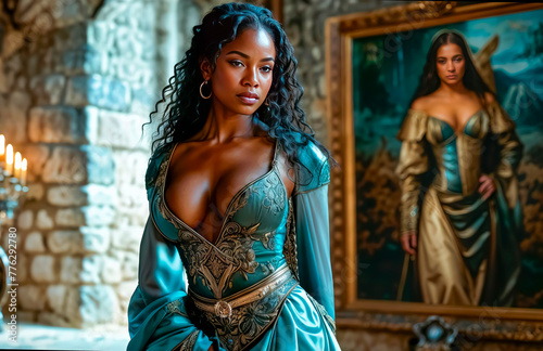Portrait of a sexy plump black woman warrior in a medieval castle