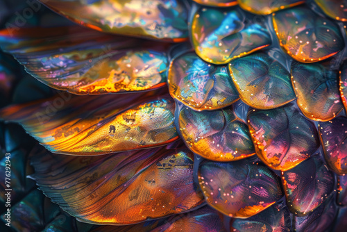 A colorful feather with a metallic sheen