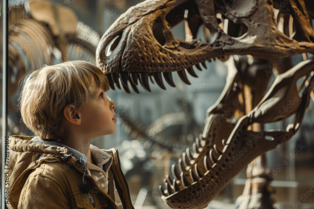 A young boy is looking at a dinosaur skeleton in a museum