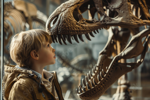 A young boy is looking at a dinosaur skeleton in a museum