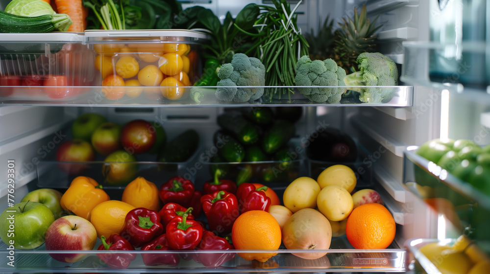 In the open refrigerator, fresh fruits and vegetables, raw food, healthy food, bio, vegetarian, dietary are in containers and on shelves. A selective approach. Proper nutrition. Food in the fridge In the open refrigerator, fresh fruits and vegetables, raw food, healthy food, bio, vegetarian, dietary are in containers and on shelves. A selective approach. Proper nutrition. Food in the fridge