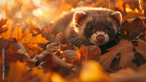 A fluffy ferret nestled amidst autumn leaves, its fur blending seamlessly with the earthy tones, creating a cozy and serene scene