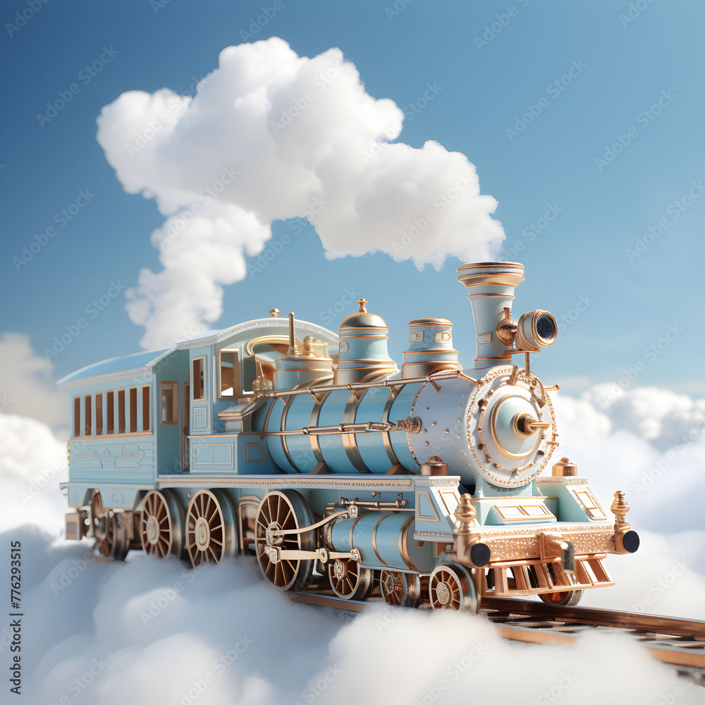 Naklejka premium A blue and white train is passing through a cloudy sky. Cartoon train. Generative AI