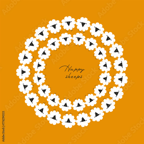 Round frame with sheep. Border with cute funny lambs. Happy sheeps. Flat style. Vector illustration.
