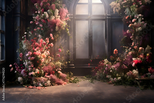 Flowers in the dark room with a window and fog. 3d rendering