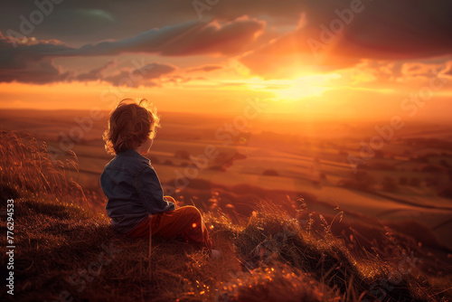 A young girl is sitting on a hillside, looking out at the sun