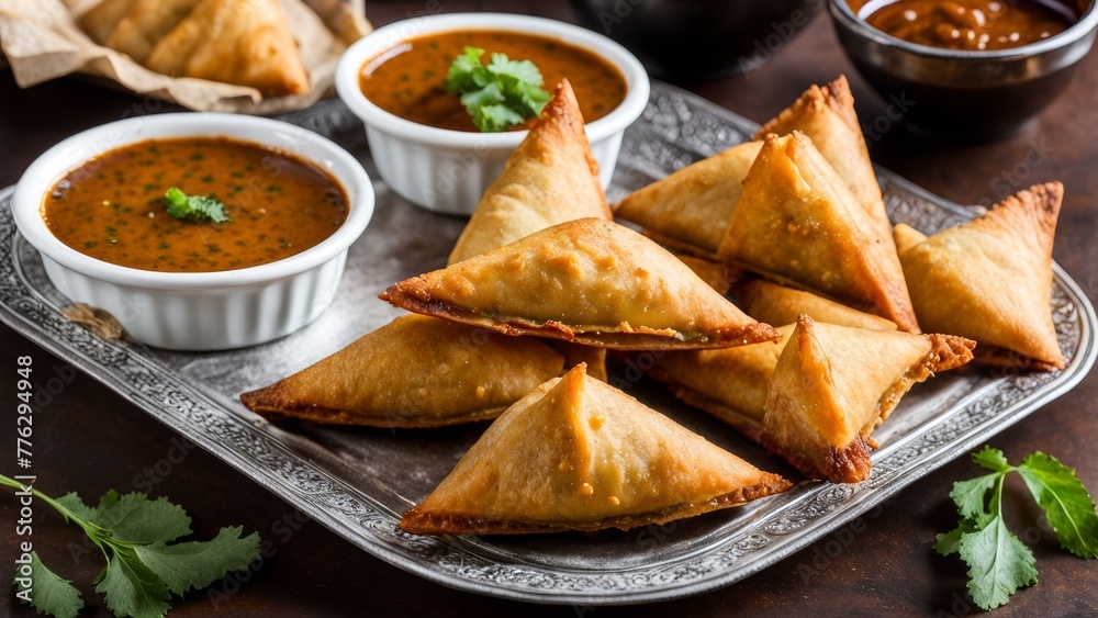 A plate of crispy golden samosa with a side dish of chutney for dipping A plate of crispy golden samosa with a side dish of chutney for dipping