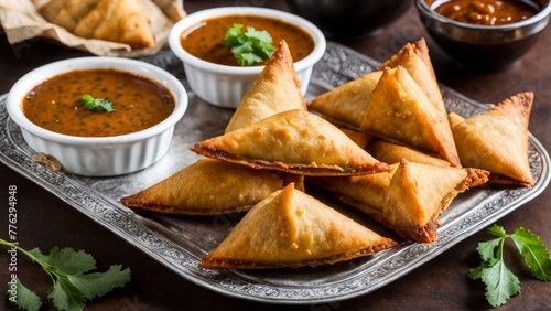 A plate of crispy golden samosa with a side dish of chutney for dipping