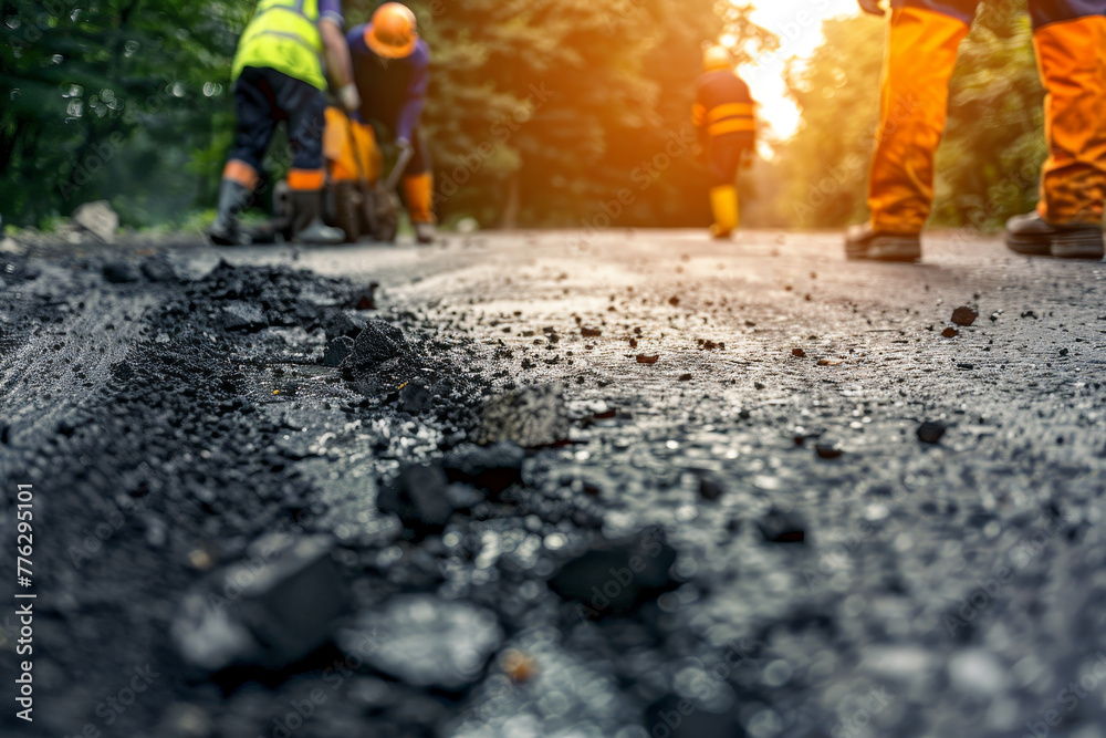 A group of construction workers are working on a road A group of construction workers are working on a road