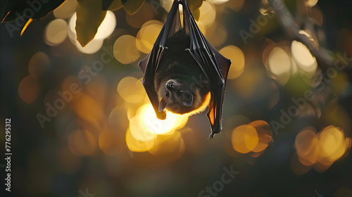 A focused bat hanging upside down against a blurred twilight sky background with ample copy space