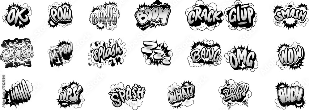 black and white Cartoon comic sign burst clouds. Speech bubble, boom ...