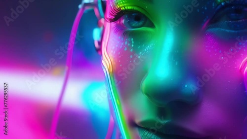 neon rainbow colourful cyborg woman, iridescent mist, intricate, fluorescent paint splashes