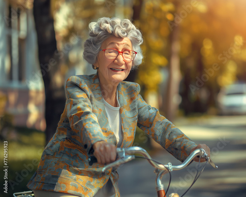Full length portrait of a funny cheerful elderly Caucasian woman in glasses and with curlers on her head, riding a bicycle in a city park in sunlight