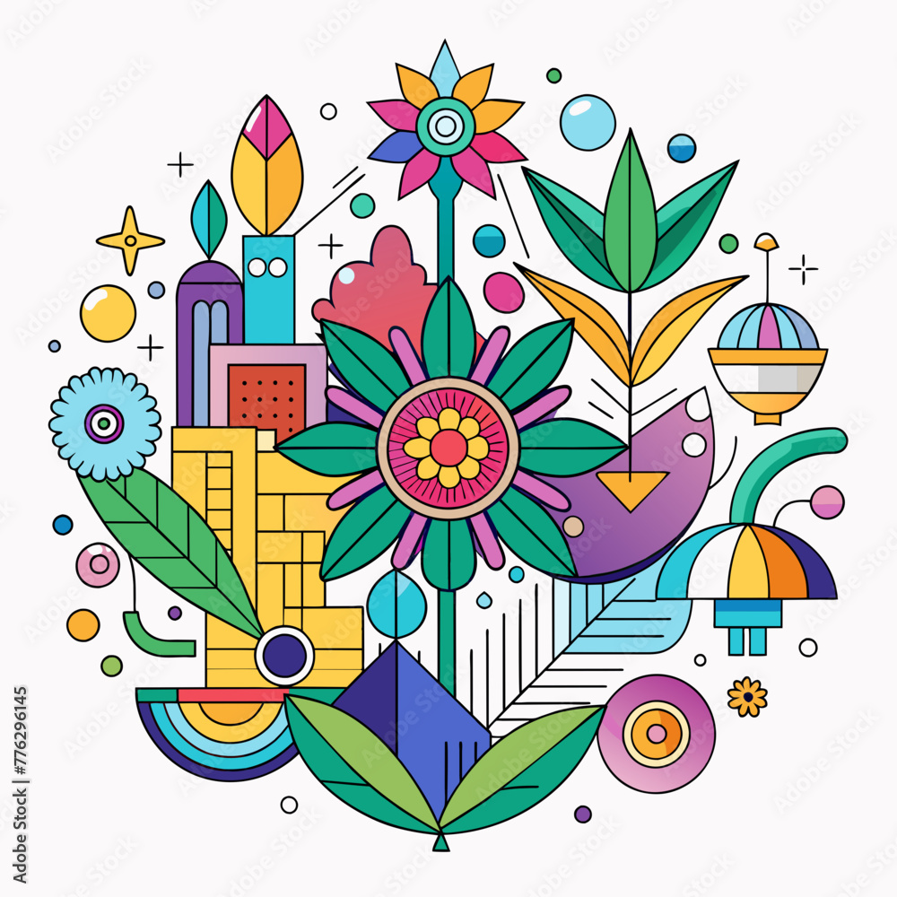 Digital Design background with colorful objects and flowers  a line drawing 