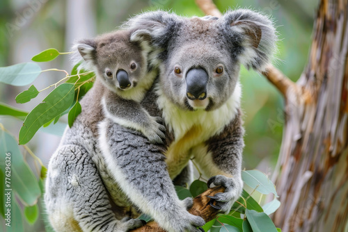 A mother koala is holding her baby on a tree branch