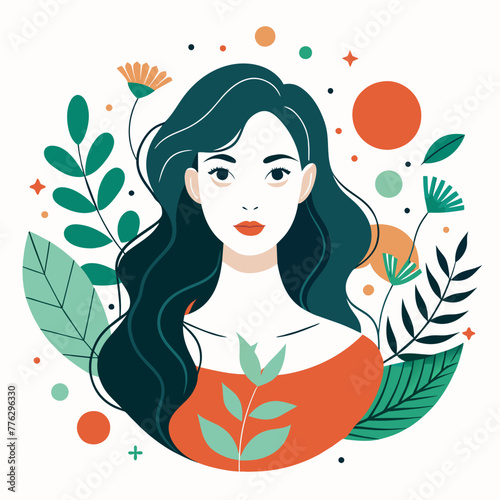 Abstract backgrounds with minimal shapes and botanical line art elements with woman face or figure