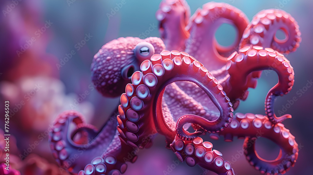 Obraz premium A focused octopus tentacle gently swaying in the ocean depths, with vibrant hues contrasting against a softly blurred coral reef background