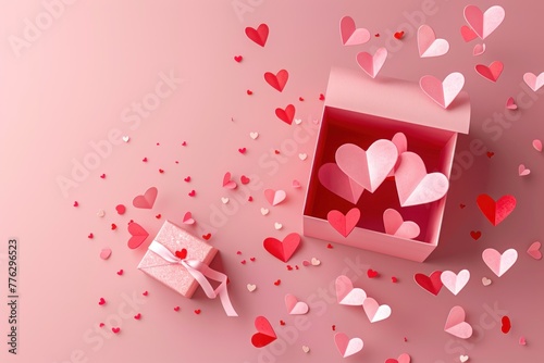 Pink gift box with paper hearts on a pink background. Mother's Day, Valentine's Day decoration.