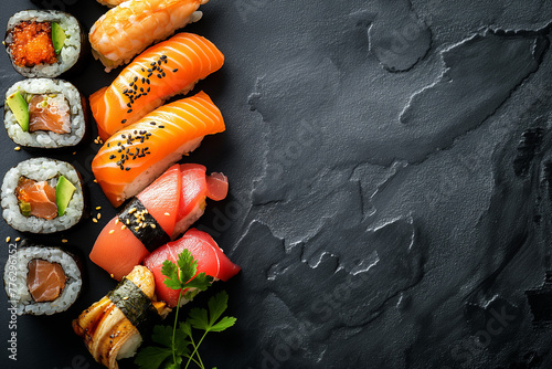 Top view of Japanese sushi on black concrete background