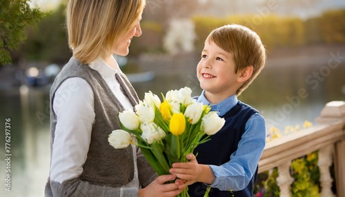 Son give the flowers mom