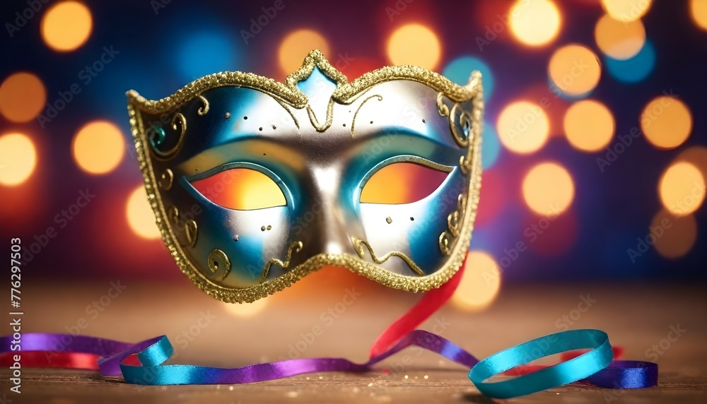 Carnival Party - Venetian Mask With Abstract Defocused Bokeh Lights And Shiny Streamers - Masquerade Disguise Concept, generative ai 