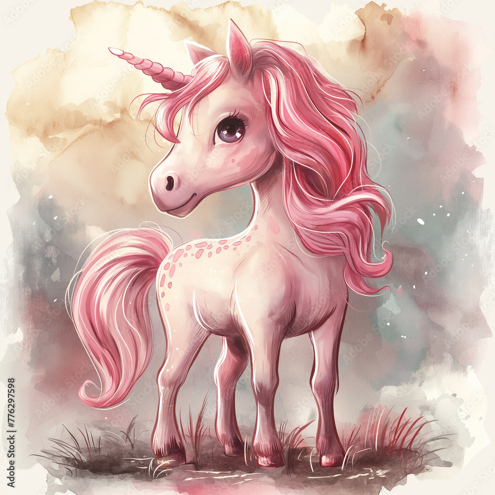 Naklejka premium Watercolor illustration in pink tones of a fairytale pink unicorn