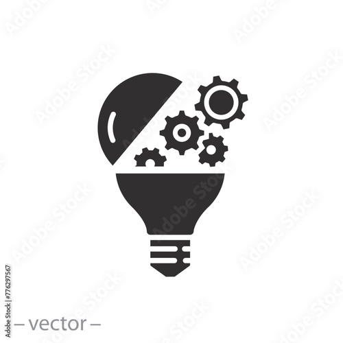 technical innovation icon, creative technology concept, open light bulb with gears, ideas future, flat symbol on white background - vector illustration