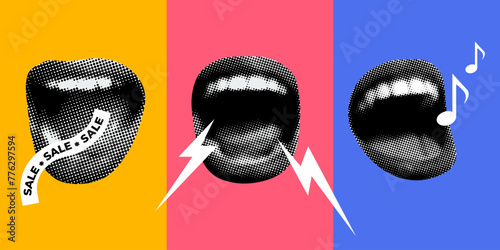 Set of retro halftone mouths. Modern collage with screaming mouth. Wide open lips. Singing mouth. Sale announcement. Design elements cut out of newspaper. Torn paper. Y2K style. Advertising concept