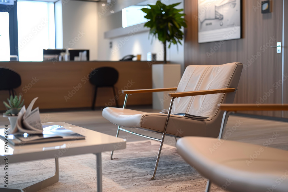 A white chair and a white ottoman are sitting in front of a white coffee table