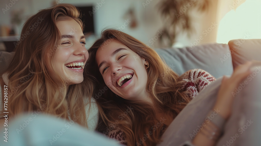 Two beautiful European girls talking and laughing on the sofa friendship