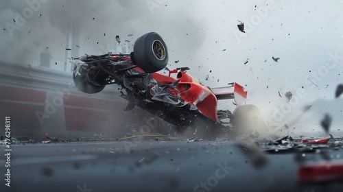 Destroyed Formula 1 sports car. photo
