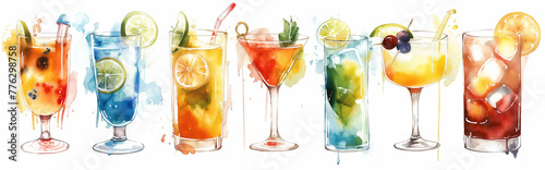 watercolor illustration of a set of various bright summer cocktails