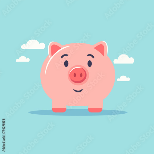 Cute pink pig smiling on a blue background with clouds. Animal vector icon