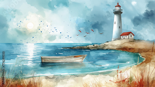 watercolor illustration of seashore, lighthouse and boat