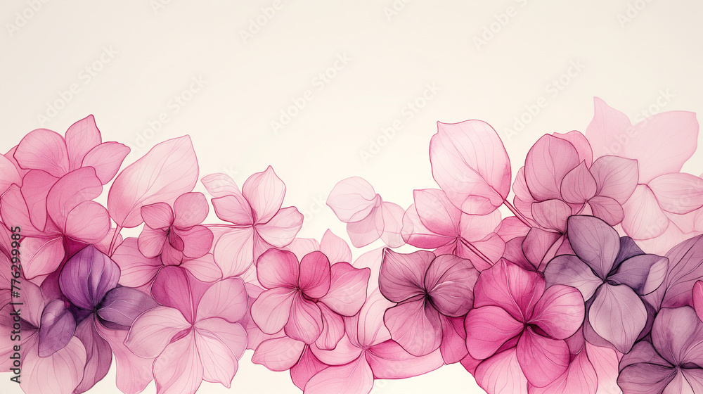 watercolor illustration of pale pink background of hydrangea petals with empty space