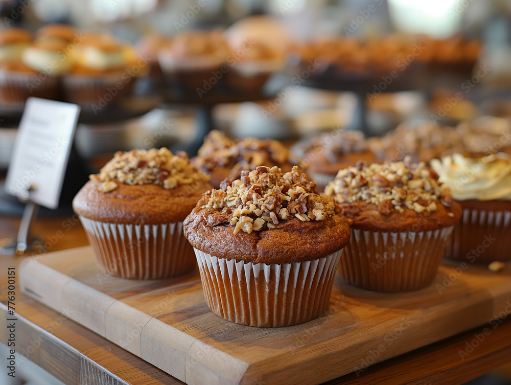 Chocolate muffins with cashew nut toppings, beautifully arranged on a wooden rack inside a bakery. Chocolate muffins with cashew nut toppings, beautifully arranged on a wooden rack inside a bakery.