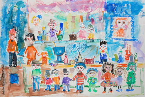 A painting of a group of children in a restaurant