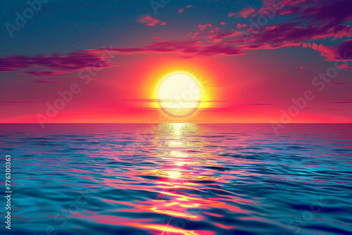 A beautiful sunset over the ocean with a large sun in the sky