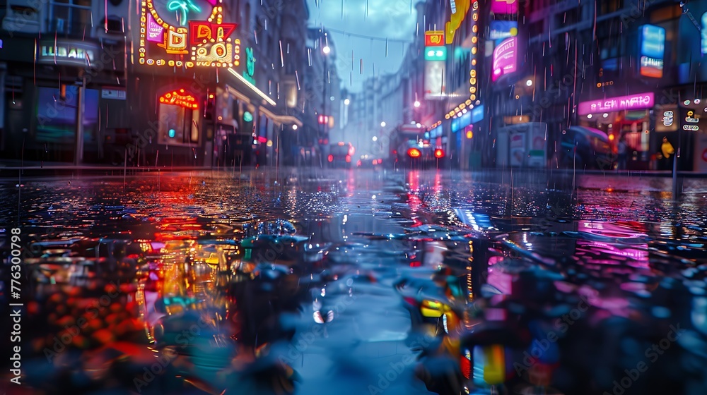 Rain-soaked streets reflecting neon lights